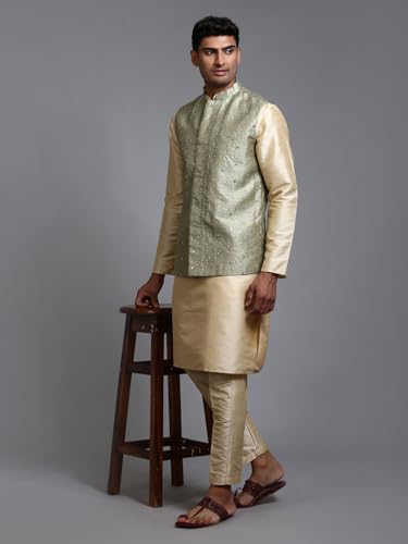 Image of VM Men's Mint Green-AX1 and Gold Silk Blend Jacket, Kurta and Pyjama Set VMMJ217MInKGO001nPANT005GO 38