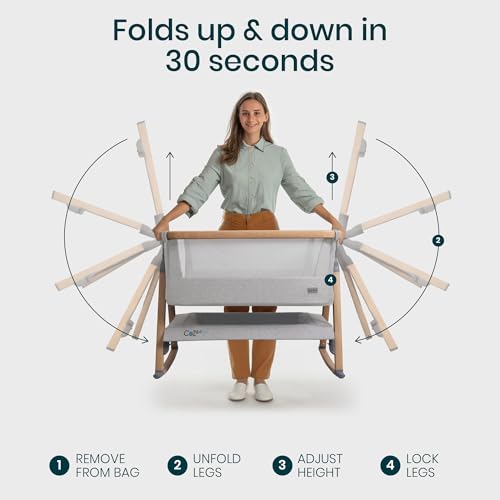 Image of Tutti Bambini CoZee Air Baby Bassinet & Bedside Sleeper - Rocking Bassinet for Baby, Fast-Folding with Travel Bag, Deluxe Airflow Mattress & 6 Mattress Heights, 0-6 Months (Silver & Oak)