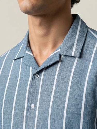 Image of Urbano Fashion Men's Cotton Half Sleeve Relaxed Fit Linen Striped Shirt with Cuban Collar