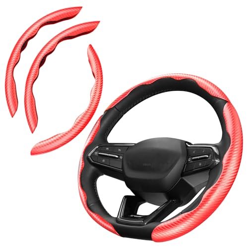Image of 3 Piece Carbon Fiber Steering Wheel Cover, Car Steering Wheel Cover for Men /Women, Anti-Slip, Comfortable Grip, Durable, Universal for 99% Car Interior Accessories (Red)