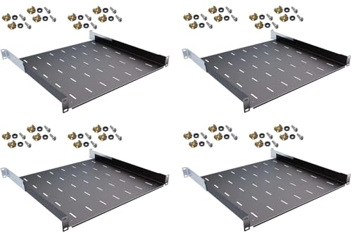 4 Stück 1 HE tiefen verstellbare Rackablage 45-61 cm tief in Schwarz RAL 9005, 19 483 mm Variabler Fachboden Trägereinschub Einlegeboden Rack Ablage Boden