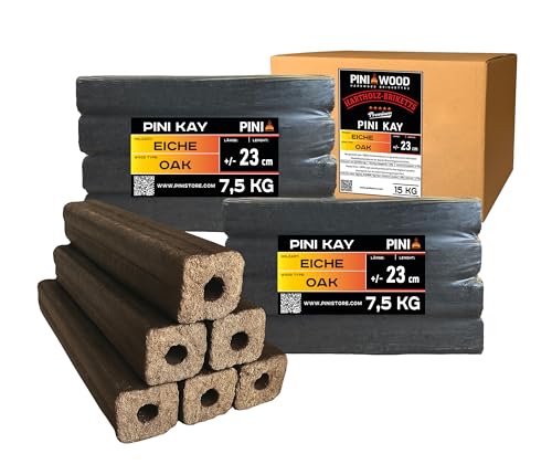PINI Kay Briquets de roble de 23 cm de largo cuadrados con orificio de extracción 15 kg Briquets de madera dura Leña de roble para chimenea, estufa, fuego abierto, parrilla