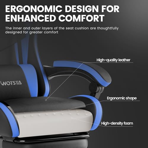 Image of Ergonomic Gaming & Office Chair, Footrest, Racing Design Black /Blue | PVC with headrest,lumbar, Adjustable Height recliner for adults 2D-Linkage Armrests for 300LBS