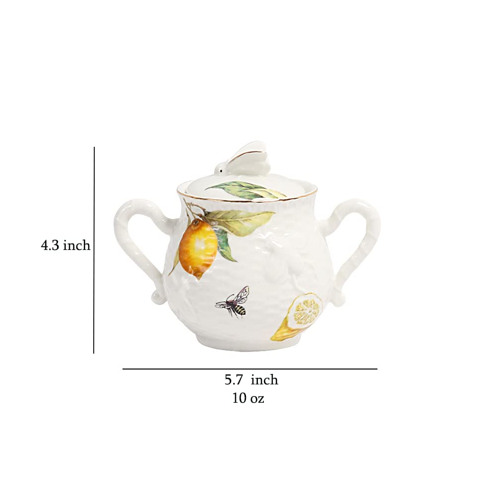 Sizikato Azucarero de porcelana con tapa, cuenco de servicio de azúcar de 10 onzas para té, café, leche, patrón de limón y abeja