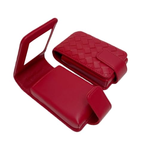 Leather Lipstick Pouch with Mirror and Magnetic Hidden Clasp. (Red Woven)