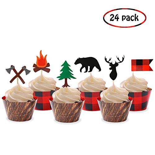 Camping Cupcake Toppers Wood Grain Buffalo Plaid Wrappers Woodland Theme Party Decoration Supplies