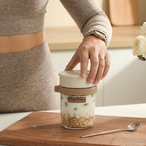 MEALPACK Overnight Oats Containers with Lids and Spoons, 4-Pack 12 oz Glass Jars with Measurement Markings, Spoon Holders & Cleaning Brush by MEALPACK - Used condition - Image 2