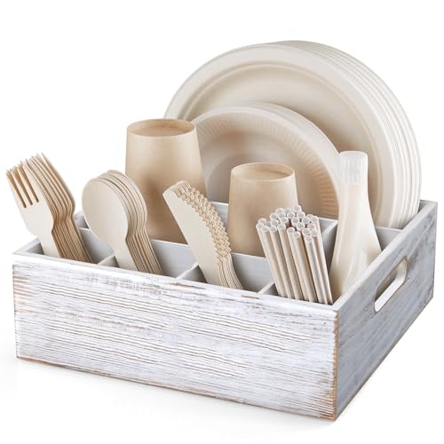 ALELION Rustic White Utensil Holder for Party - Paper Plate Organizer for Countertop - Silverware Caddy with 6 Compartments for Plate Cup Fork Spoon - Cutlery Holder for Camping Buffet