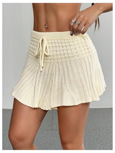 Floerns Women's Ribbed Knit Drawstring Skirt Ruffle Hem Casual Mini Skirts4