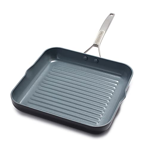 GreenPan Paris Pro Hard Anodized Healthy Ceramic Nonstick, 11″ Square Grill Pan, PFAS-Free, Dishwasher Safe, Grey