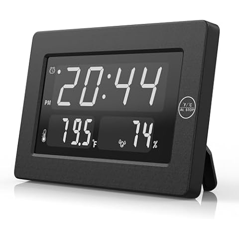 KWANWA Alarm Clock, Desk Clocks with Temperature, Humidity, Wall Clock, Battery Operated, Auto-Dimming, 12/24Hr, for Desk, Wall Mounted, Clock for Deep Sleepers Kids Elderly Home Office Cover