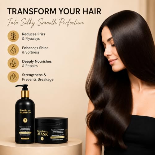 Image of Keratin After Care Shampoo & Mask Combo 250ml | Sulfate-Free Salon Grade System with Almond Oil, Jojoba & Shea Butter | Smoothening, Repair & Shine for Treated Hair