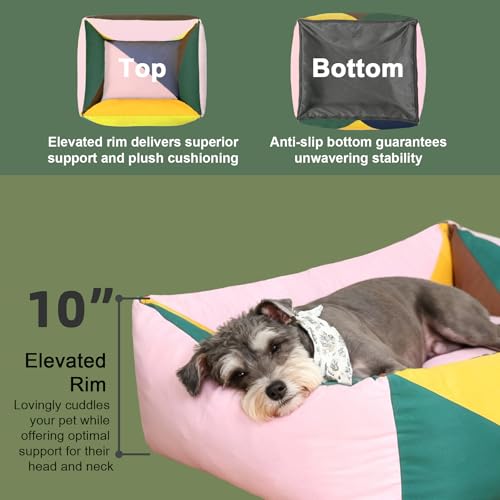 Image of Cotton Canvas Dog Bed, Pink Dog Bed Medium Size Dog, 30 inchx25 inchx10 inch Puppy Bed with Washable Removable Cover, Durable 290 GSM Cotton Anti-Chewing Pet Bed with Anti-Slip Bottom, Pink&Yellow&Green