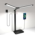 LED Desk Lamp with Dual Heads, Height Adjustable, USB Charging Port, 5 Light Modes & Dimmable Brightness, Bedside Lamp for Reading, Crafting, Work, Study (Black, 15W)