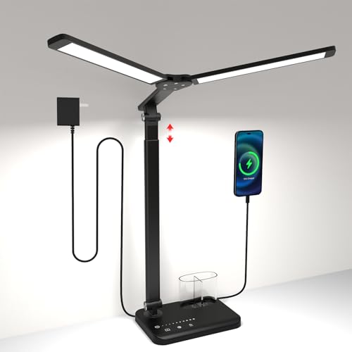 LED Desk Lamp with Dual Heads, Height Adjustable, USB Charging Port, 5 Light Modes & Dimmable Brightness, Bedside Lamp for Reading, Crafting, Work, Study (Black, 15W)