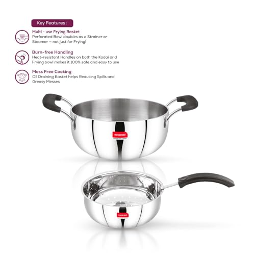 Image of Premium Stainless Steel Deep Kadai 1.9 Litre with Mesh Frying Basket 1.8 Litre with Comfort Handles | Perfect for Deep Frying, and Stir-Frying | Durable and all Cooktop Compatible
