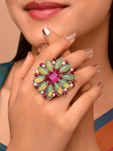 Image of SANJOYA Gold Plated Traditional Embroidered Jewellery for Women & Girls | Stone Studded Wedding, Festive, Mehendi, Sangeet Collection | Necklace, Earrings, Maang Tikka, Bracelet & Ring