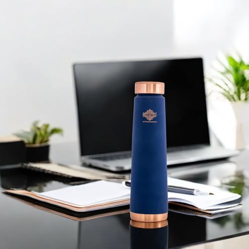 Image of INDIAN ART VILLA Pure Copper Navy Blue Pyramid Ombre Silk Finish Bottle - 800 ML, Ayurvedic Health Benefits, Ideal for Home, Office, Gym & Travel