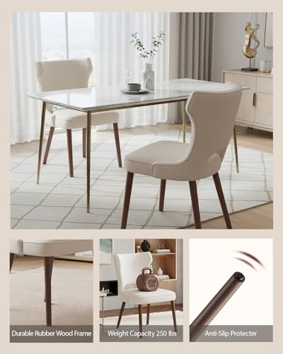 Image of Wooden Dining Chairs Set of 2, Farmhouse Dining Room Chairs with Solid Wood Legs, Mid Century Fabric Kitchen Chairs, Upholstered Chair for Restaurant & Cafe- Beige