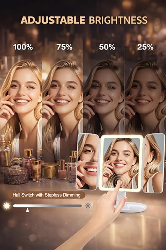 Lighted Makeup Vanity Mirror, Height Adjustable Trifold Mirror with Seamless Light Strip, 1X/2X/3X/10X Magnification, 2000mAh Rechargeable Desk Mirror, Dimmable 3 Color Lighting, Gifts for Mom Women