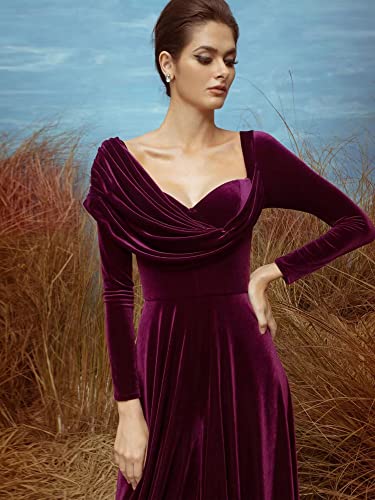 BONOYUER Long Sleeve Velvet Evening Dresses A-line Asymmetrical Neck Formal Wedding Guest Dress4