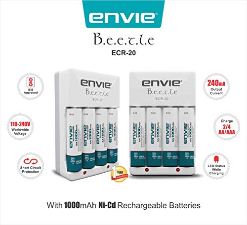Image of ENVIE (ECR20+1000) Beetle Charger for AA & AAA Rechargeable Batteries with LED Light Indicator