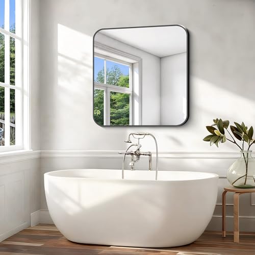 Image of Black Bathroom Mirror, 38x40 inch Aluminum Metal Frame Rectangular Vanity Mirror, Large Wall Mounted Rectangle Mirrors with Rounded Corner for Over Sink Bedroom Living Room Horizontal /Vertical