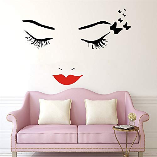 Eyes, Red Lips and Butterflies Wall Sticker – Removable Vinyl Decal for Beauty Room, Salon, Bedroom or Spa Wall Decoration Y-694 (Black with red Lip, 70x85cm)