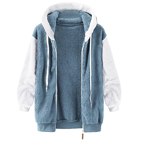 Fuzzy Fleece Jackets for Women Plus Size Hoodies Fall Winter Coats Color Block Patchwork Cardigan Coat with Pockets