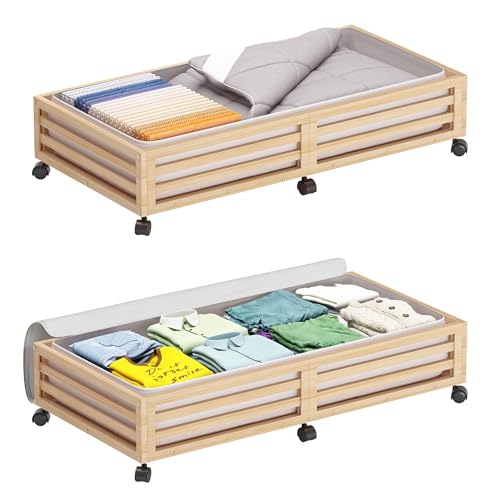 Image of Wisuce Bamboo Under Bed Storage Containers- Underbed Organizer with Wheels with Large Dust Bag,Sturdy Wood Rolling Under the Bed Shoe Storage Organizer Drawer 2 Packs (Nature, Long)