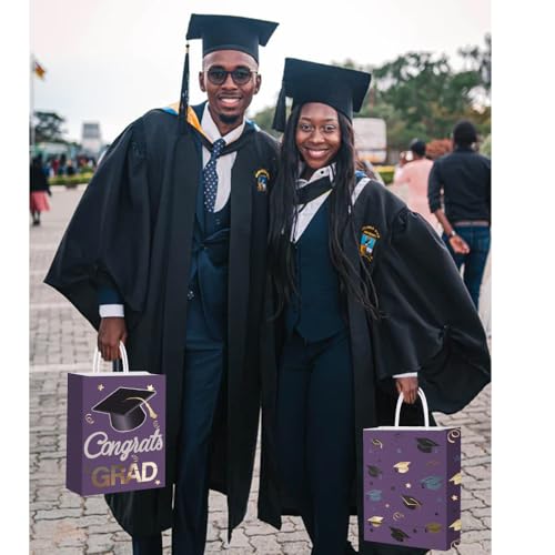 Image of 12 Pieces Graduate Gift Bags, Graduation Party Decorations (Purple Gold)