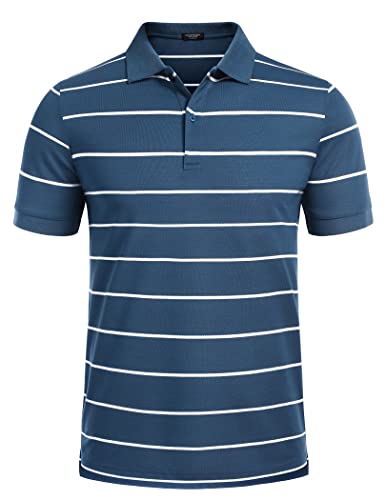 Coofandy Men's Short Sleeve Polo Shirts Classic Fit Casual Lightweight Striped Athletic Golf Polo T Shirts Blue #TOP12