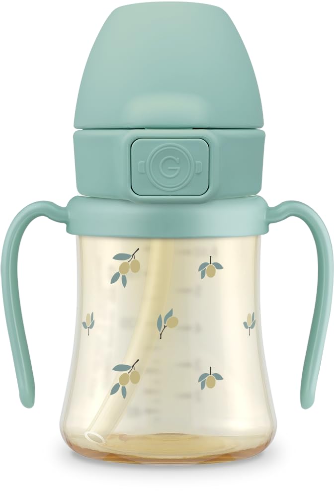 Image of GROSMIMI PPSU Baby Straw Cup Stage 2, 12M+, Spill-Proof, 6oz (Olive) | Flip-Top | Babies & Toddlers 12+ Months | Removable Rotating Handles | Silicone Straw | BPA-Free Sippy Cup