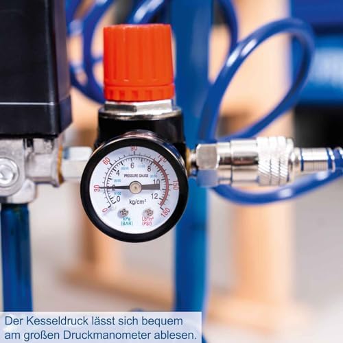 Bild 4 - Scheppach Druckluft Kompressor HC30ox | ölfrei & langlebig | 1100W Motorleistung | 24L Kessel mit max. 8 bar Druck | 200l Luftleistung | inkl. Fahrvorrichtung, Druckminderer & Schnellanschlusskupplung