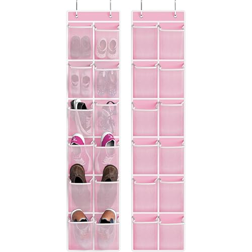Image of Simple Houseware 12 Pockets Large Over Door Shoe Organizer, 2 Pack, Pink | Total 24 Pockets, 56" x 12.5", Fits Standard & Narrow Door, 4 Durable Metal Hooks, 6" x 8" Pocket Size, Multipurpose