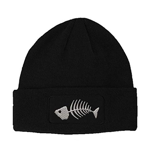 Patch Beanie Fish Skeleton Embroidery Ocean and Fish Embroidery Winter Hats Acrylic Skull Cap Hats for Men Women 1 Size Black Design Only