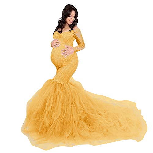Women Off Shoulder Long Tulle Maternity Dress Long Sleeve V Neck Floral Lace Bodycon Mermaid Baby Shower Elegant Slim Fit Photography Gown Flowy Wedding Party Pregnancy Dress for Photo Shoot Yellow L