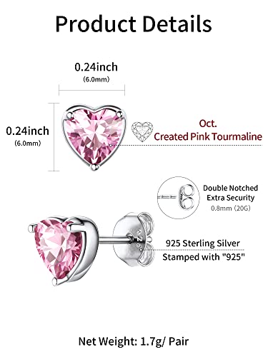Women 925 Sterling Silver 6Mm Heart Stud Earrings Pink Tourmaline Crystal Cubic Zirconia Cz October Birthstone Earring Studs Hypoallergenic Earring For Sensitive Ears #TOP4