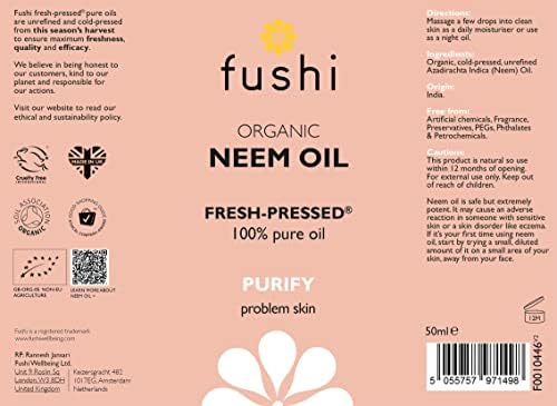 Fushi Organic Neem Oil, Virgin & Fresh-Pressed, Extracted from the Neem Tree, Best for Itchy Scalp, Skin Redness & Irritated Skin, Ethical & Vegan, Manufactured in UK, 50 ml