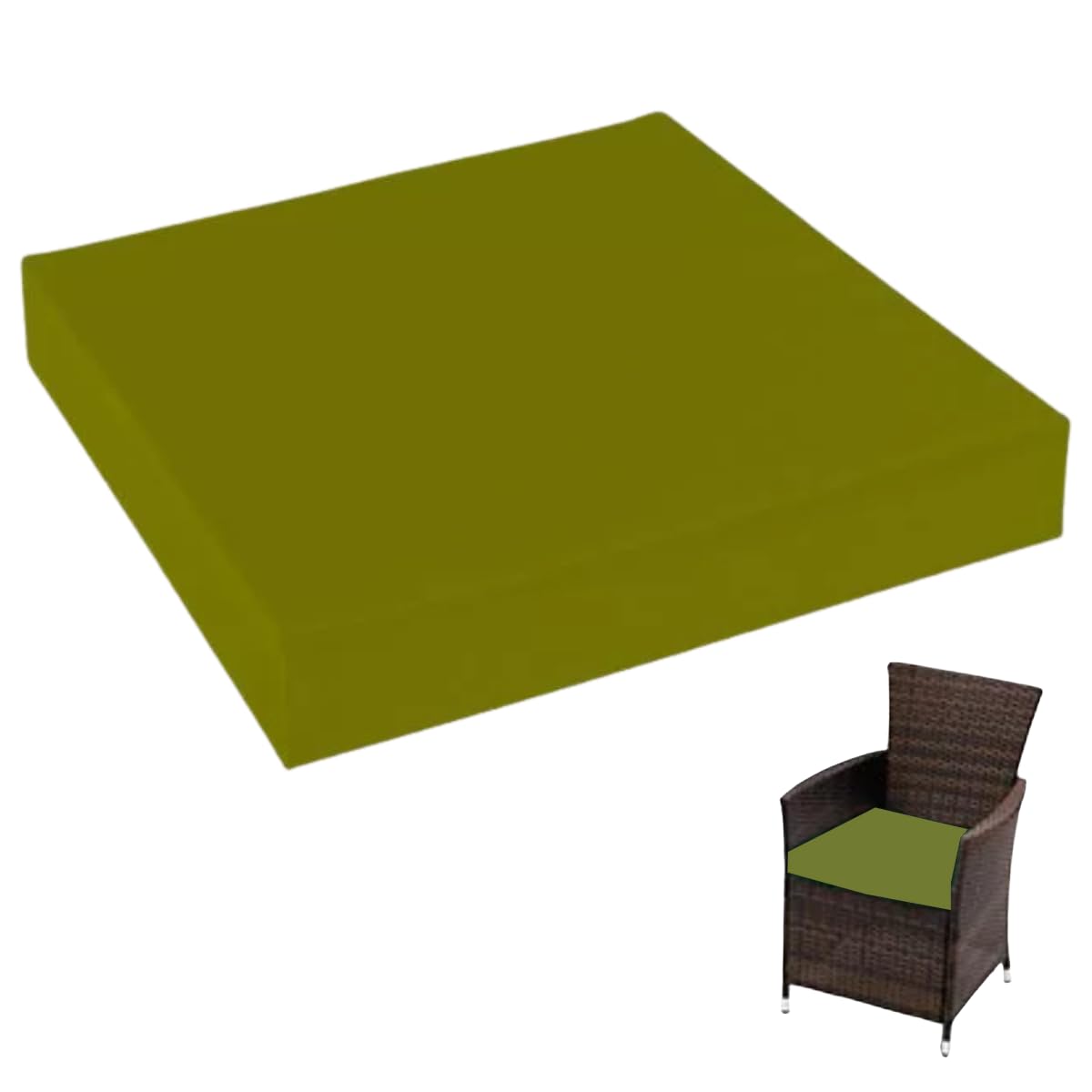 4cm Thick Waterproof Chair Cushion Removable Zipped Cover Foam Seat Pad for Kitchen, Dining Room, Garden Patio & Rattan Furniture (Olive Green, 22" x 22" (56 x 56 cm))