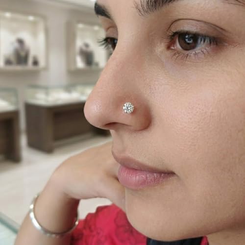 Image of Parnika 925 Sterling Silver Solitaire CZ Nose Pin | Small Size Piercing Nose Stud with Secure Screw Back | Elegant Silver Nose Ring for Women & Girls