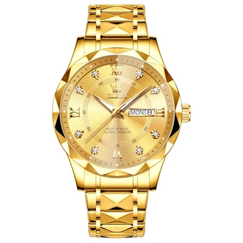 OLEVS Herren-Armbanduhr, großes Zifferblatt, Edelstahl, Diamant, analog, Quarz, römische Ziffern, Tag und Datum, wasserdicht, luxuriös, leuchtend, für Herren, 5609-goldenes Zifferblatt/goldfarbenes OLEVS Herren-Armbanduhr, großes Zifferblatt, Edelstahl, Diamant, analog, Quarz, römische Ziffern, Tag und Datum, wasserdicht, luxuriös, leuchtend, für Herren, 5609-goldenes Zifferblatt/goldfarbenes