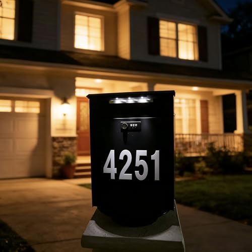 Image of Post Mount Mailbox with Code Lock | Solar Powered House Numbers, Night Lighting, Iron Material, Digital Password