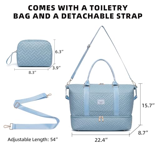 Image of Duffle Bag for Travel, Weekender Bag with Shoe Compartment, Carry On Overnight Bag for Women with Toiletry Bag, Gym Bag with Wet Pocket, Hospital Bags for Labor and Delivery Beige, Blue-Embroidery