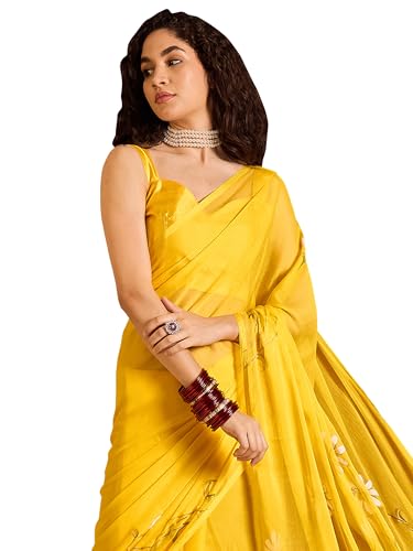 Image of SAREE MALL Women's Chiffon Daisy Floral hand paint Tassel Pallu Lightweight Summer Saree