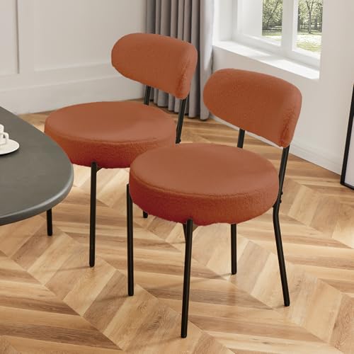 DUMOS Dining Chairs Set of 2, Mid Century Modern Chair Round Upholstered Curved Backrest, Kitchen Vanity Living Room Chairs with Black Metal Legs, Orange