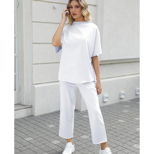 Image of SeeLuNa Women's Two Piece Outfits 3 /4 Batwing Sleeve Capelet Crew Neck Pullover Top Wide Leg Pants Lounge Set