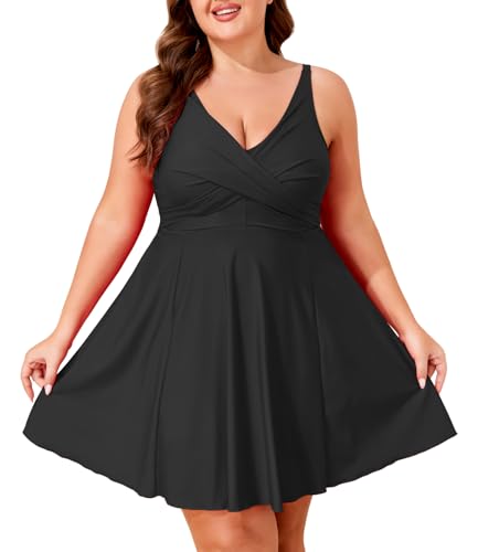 Smismivo Plus Size One Piece Swimsuit for Women Tummy Control Swim Dress Full Coverage Curvy Bathing Suit V Neck Swimwear