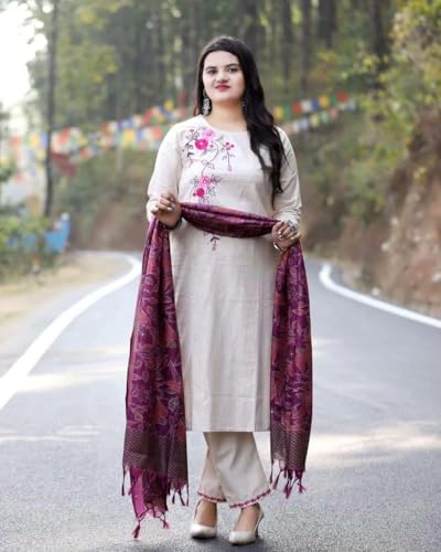 Image of Kraft Ebong Women's Cotton Floral Printed Straight Kurti with Pant and Dupatta Set
