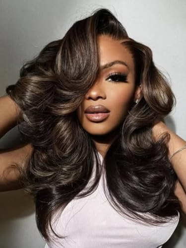 Beauty Forever Pre Everything Glueless Front Espresso Brown With Highlights Body Wave Glueless Wigs Human Hair Pre Plucked Pre Cut 13x4 Loose Wave Bye Bye Knots Ready to Wear Wig 150% Density 20inch